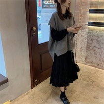 Large size autumn dress 2021 new fat sister mm belly crotch skirt foreign air age two-piece set