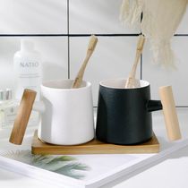 Wooden handle ceramic mouthwash Cup couple set toothbrush cup wash cup tooth bowl pair home creative Chinese Cup