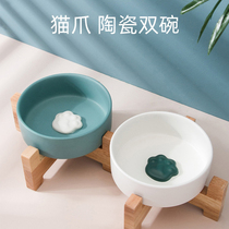 Cat bowl ceramic double bowl dog bowl protection cervical spine high foot cat food bowl anti-knock cat food bowl cat water bowl supplies