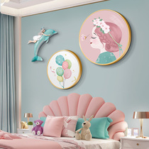 Creative Nordic children's room bedroom bedside decorative painting round hanging painting pink girl room layout wall mural