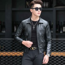 2021 Haining leather leather jacket men mens sheepskin thin lapel slim slim motorcycle leather jacket Korean casual jacket
