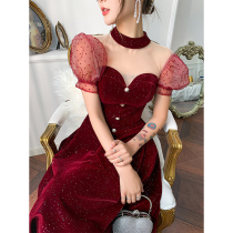 Toast dress bride 2021 new summer small wine red engagement back door small dress velvet medium-long female