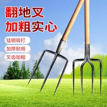 Agricultural land turning artifact large steel fork straw fork mud fork four multi-strand flat head rake fallen leaf hollow iron fork tool