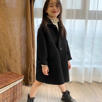 Girl coat 2021 autumn new long boy imitation double-sided cashmere woolen winter children black coat