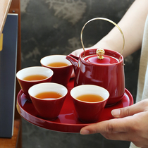 Ceramic small set kung fu tea set set home living room tea tray a pot of four cups bubble teapot wedding happy tea cup