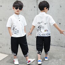 2021 Chinese style boys summer clothes Childrens retro clothes Young master clothes Baby Tang clothes Medium and large children cotton and hemp two-piece set tide