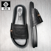 Mens genuine leather driving slippers male and female Summer time outside wearing non-slip word drag trendy net red personality outdoor cool drag male