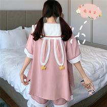 New pajamas female summer student lapel simple sweet Korean version of cute rabbit ear top shorts home service suit