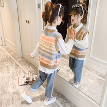 Girls waistcoat Knitted Sweaters Spring Autumn Ocean Qi Children Outwear Tide Girls Big Boy Vest Autumn Winter Two Sets