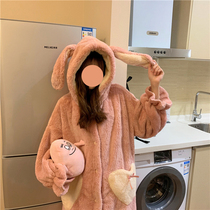 Dressing gown womens winter coral fleece pajamas 2021 new cute nightgown hooded flannel home jackets can be worn outside