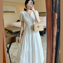 dress 2021 summer new bubble sleeve fairy super fairy quality openwork gentle light cooked wind v-neck long dress women