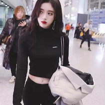 2021 star with the same Korean version of chic thin half-high-neck umbilical short bottoming shirt black long-sleeved T-shirt women