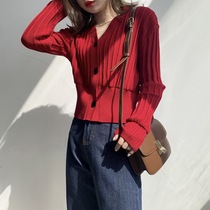 Red V-neck knitwear Womens Spring and Autumn New Korean version of foreign air age age slim Joker short long sleeve cardigan sweater