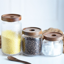 Avok Japanese-style hammered glass storage tank Acacia wood cup lid sealed tank Miscellaneous grains coffee bean storage bottle