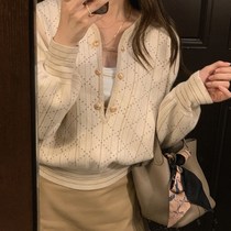 Knitted sweater womens spring and autumn retro Japanese lazy pullover design sense niche waist small fragrant style top