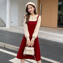 Early Autumn Knitted Dress Spring and Autumn Fake Two Slim Dress Long New Year Fashion Red Sweater Dress