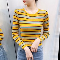 Rainbow Stripe Long Sleeve Knit T-shirt Women 2021 Autumn New Slim Slim Thin Bottom Top ins Tide