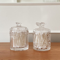 ins retro French embossed glass storage can desktop decoration decoration makeup cotton swab with lid jar storage box