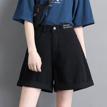 Tide brand thin Korean version loose and wild thin black large size high waist a word wide leg denim shorts hot pants womens summer