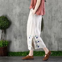  (95 cotton) 2020 spring new Korean version of the national style literary and art embroidery split three-point pants straight pants hugh