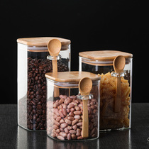 Square heat-resistant glass sealed tank household coffee bean storage tank with wooden spoon seasoned bottle kitchen food storage tank