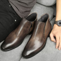 Autumn and winter new leather Chelsea boots mens leather boots retro British mens short boots plus velvet denim Martin boots wool boots