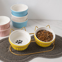 Pet ceramic double bowl oblique mouth protection cervical spine cat food basin anti-knock dog Rice Basin drinking bowl neck tilt frame