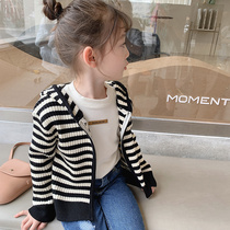 Girls Stripe Jacket Spring and Autumn 2021 New Childrens Hooded Casual Foreign Knitwear Wear Baby Top Tide