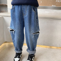 Girls jeans autumn childrens pants childrens clothing 2021 autumn new spring and autumn loose hole daddy pants tide