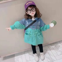 Girl coat spring and autumn childrens windbreaker 2021 New Korean version of foreign style stitching denim clothes baby jacket thick coat