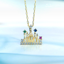 (Original) 18K gold sky city Castle pendant 15 points real diamond Ruby Sapphire Necklace