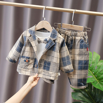 Boy suit suit suit children casual children handsome spring and autumn baby English style dress plaid suit three-piece suit
