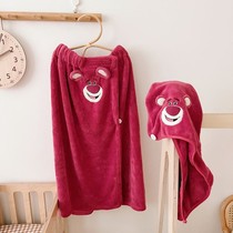 New strawberry bear dress dry hair set for adult childrens general bathrobe coral velvet suction speed dry bath cap