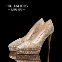 pjjuu wedding shoes waterproof table womens high heels 12cm sexy heel single shoes Golden beautiful crystal bride shoes