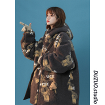 vintage bear Lamb hair coat female niche design Japanese retro warm cotton coat this year popular cotton suit