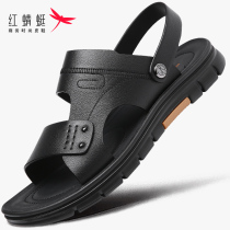 Red Dragonfly Mens Shoes Summer Beach Shoes Casual Mens Sandals Men Genuine Leather Slippers Outside Wearing Driving Full Cow Leather Nameplate
