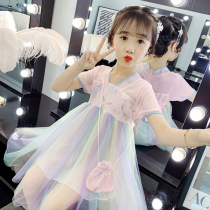  Girls Hanfu dress 2021 summer new childrens Chinese style super fairy ancient costume chiffon mesh color skirt