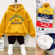 Boy plus velvet thick hooded sweater 2021 autumn and winter new childrens Red foreign girl baby warm tide
