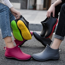 Spring and autumn rain shoes womens short tube rain boots warm and velvet waterproof shoes mens water boots low non-slip kitchen shopping fishing shoes