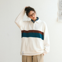 714street color stitching polo shirt men and women Japanese loose knit shirt couple cotton lapel long sleeve T-shirt