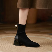 New strong push ~ show noble temperament Pearl rivet square head thick heel short boots sleeve thin elastic boots