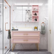 Pink light luxury bathroom cabinet combination solid wood bathroom cabinet Nordic bathroom cabinet mirror cabinet combination washbasin bathroom mirror cabinet