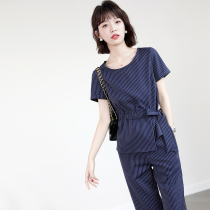 Navy blue vertical striped shirt straight casual pants suit female 2020 summer new commuter temperament two-piece suit