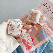 Korean bear pearl chain airpods protective case cover 2 generation 3pro cute cartoon suitable for Apple wireless Bluetooth headphones one two three 1 generation Qi dry silicone tide brand best friend female models ins wind