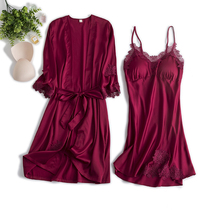 Qiangna pajamas female spring and autumn Thin Ice Silk suspender nightgown two-piece set with chest pad bride morning gown Red