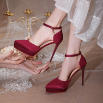 Burgundy wedding shoes Xiuhe wedding dress two wearing waterproof table high heels small size 313233 bridal shoes fine wedding shoes