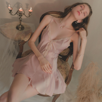Clear sexy pajamas womens summer thin 2021 new large size ice silk suspender night dress lace temptation suit