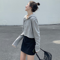 Short sweater Womens spring and Autumn thin Korean high waist short top Small man small short hooded jacket