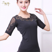 Spring and summer round neck short sleeve square dance new womens top half sleeve tango black modern dancer top national standard dance