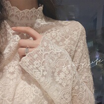 2021 New lace base shirt female half high collar foreign style gentle inside sexy micro-transparent mesh wear autumn and winter